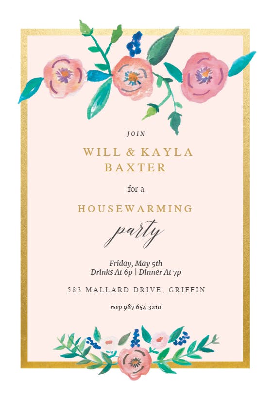 Flower on Gold Housewarming Invitation Template (Free) Greetings Island